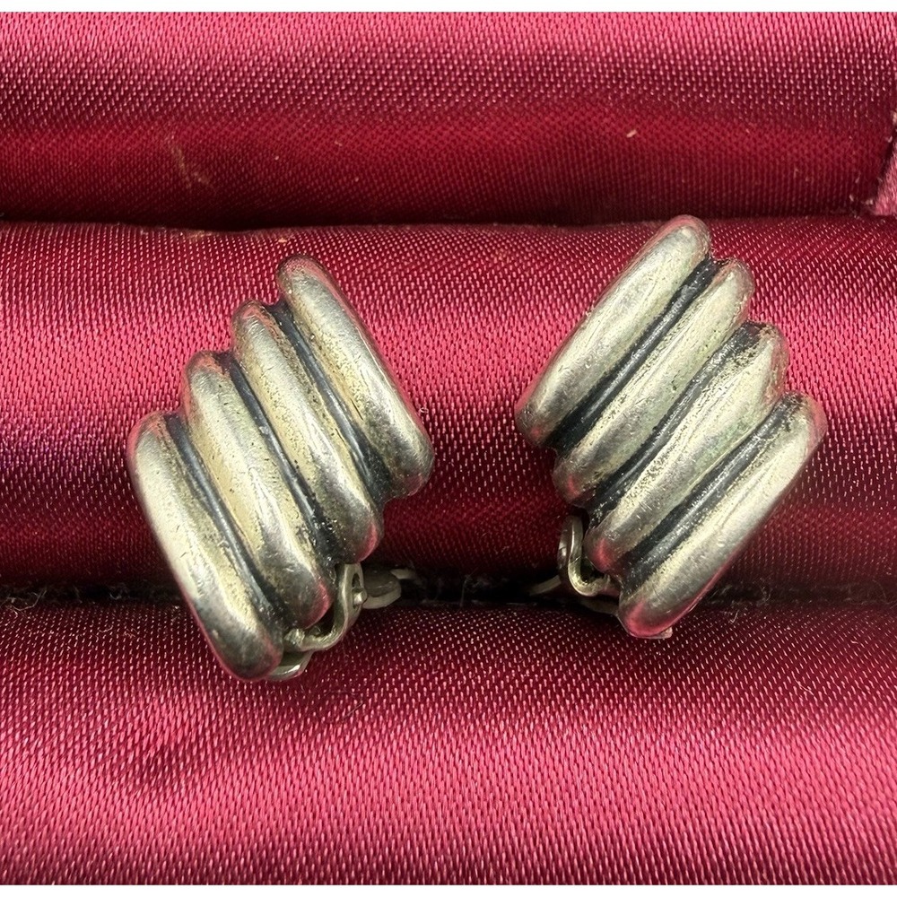 Vintage Sterling Silver 925 Fluted Curved Square Clip On Earrings Signed